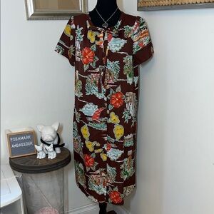 Vintage Made in Hawaii Brown Tropical Print Short-Sleeve Shift Dress Sz.M